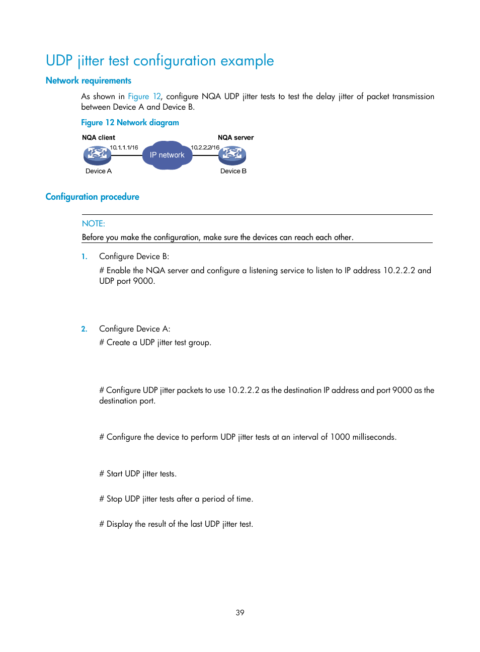 Udp jitter test configuration example, Network requirements, Configuration procedure | H3C Technologies H3C SR8800 User Manual | Page 51 / 210