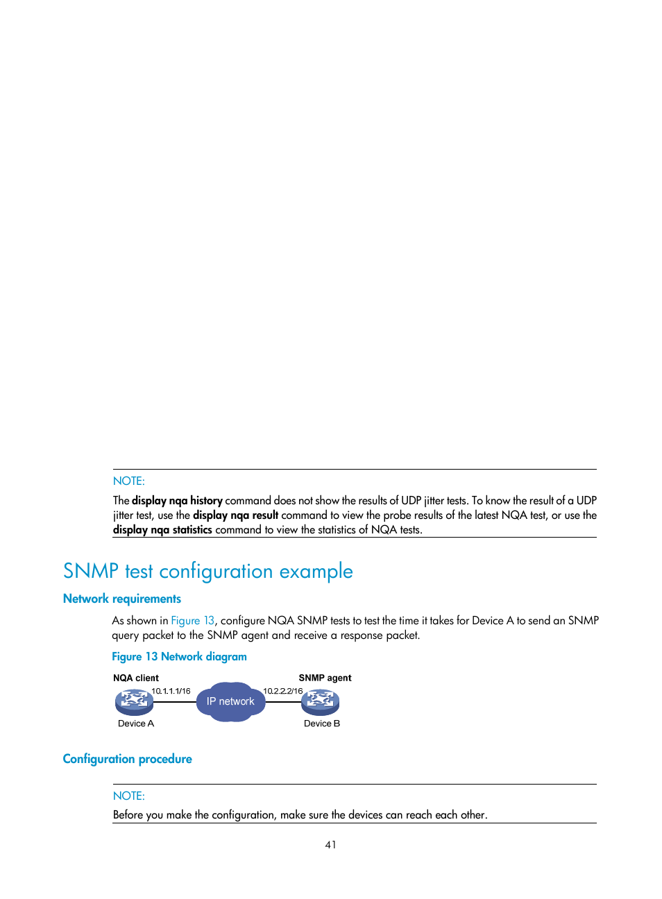 Snmp test configuration example, Network requirements, Configuration procedure | H3C Technologies H3C SR8800 User Manual | Page 53 / 210