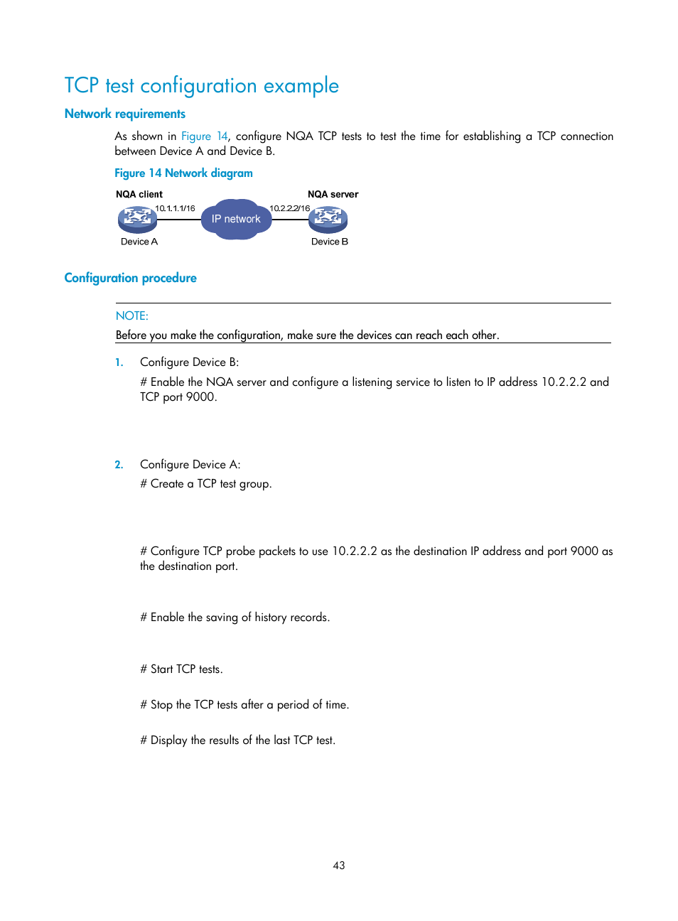 Tcp test configuration example, Network requirements, Configuration procedure | H3C Technologies H3C SR8800 User Manual | Page 55 / 210