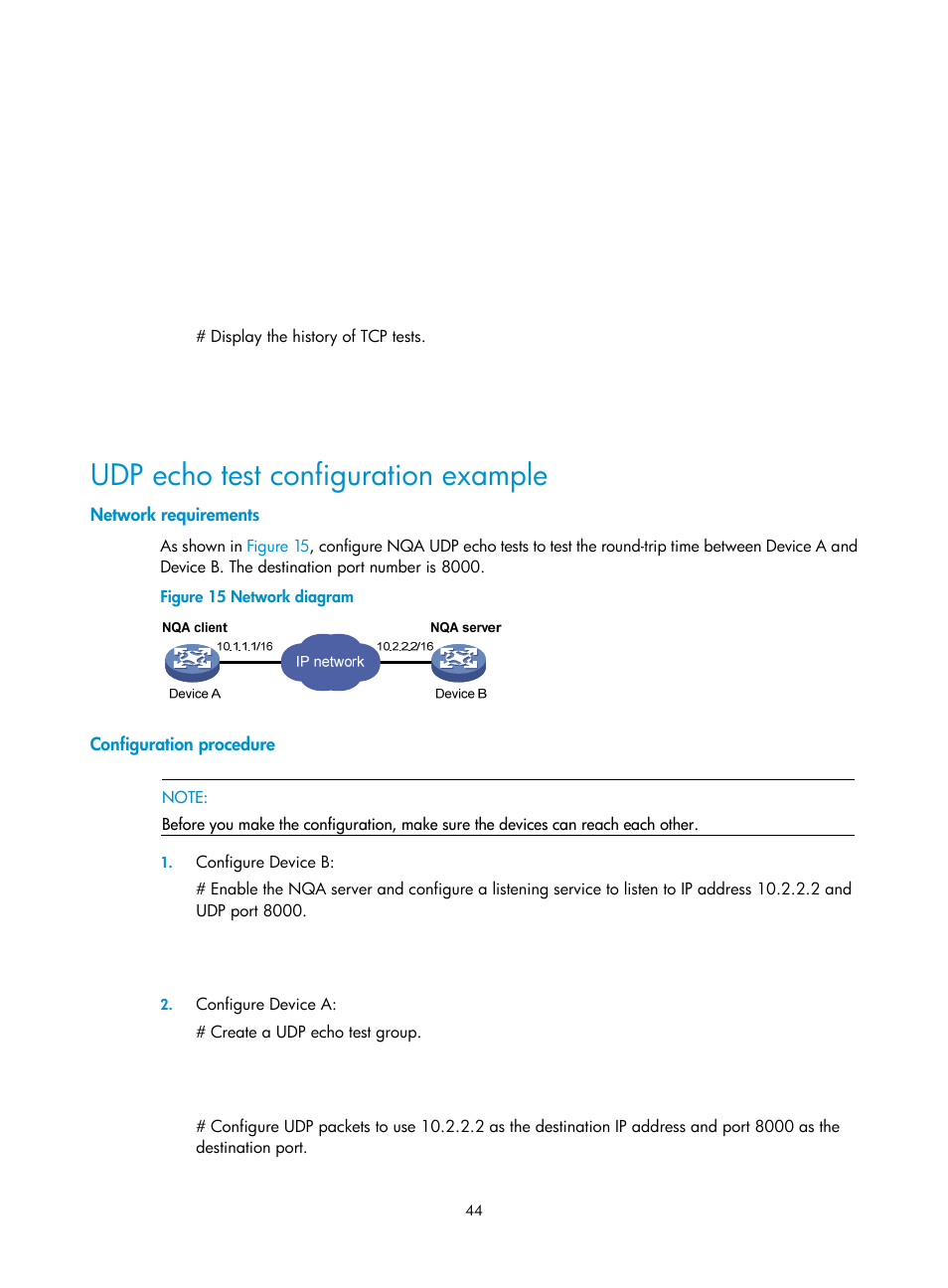 Udp echo test configuration example, Network requirements, Configuration procedure | H3C Technologies H3C SR8800 User Manual | Page 56 / 210