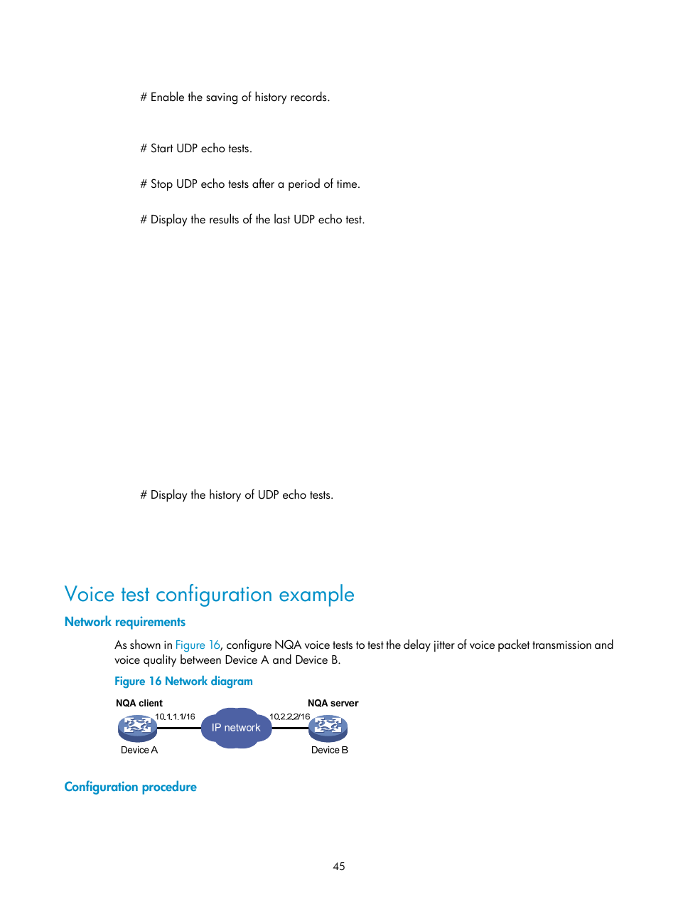 Voice test configuration example, Network requirements, Configuration procedure | H3C Technologies H3C SR8800 User Manual | Page 57 / 210