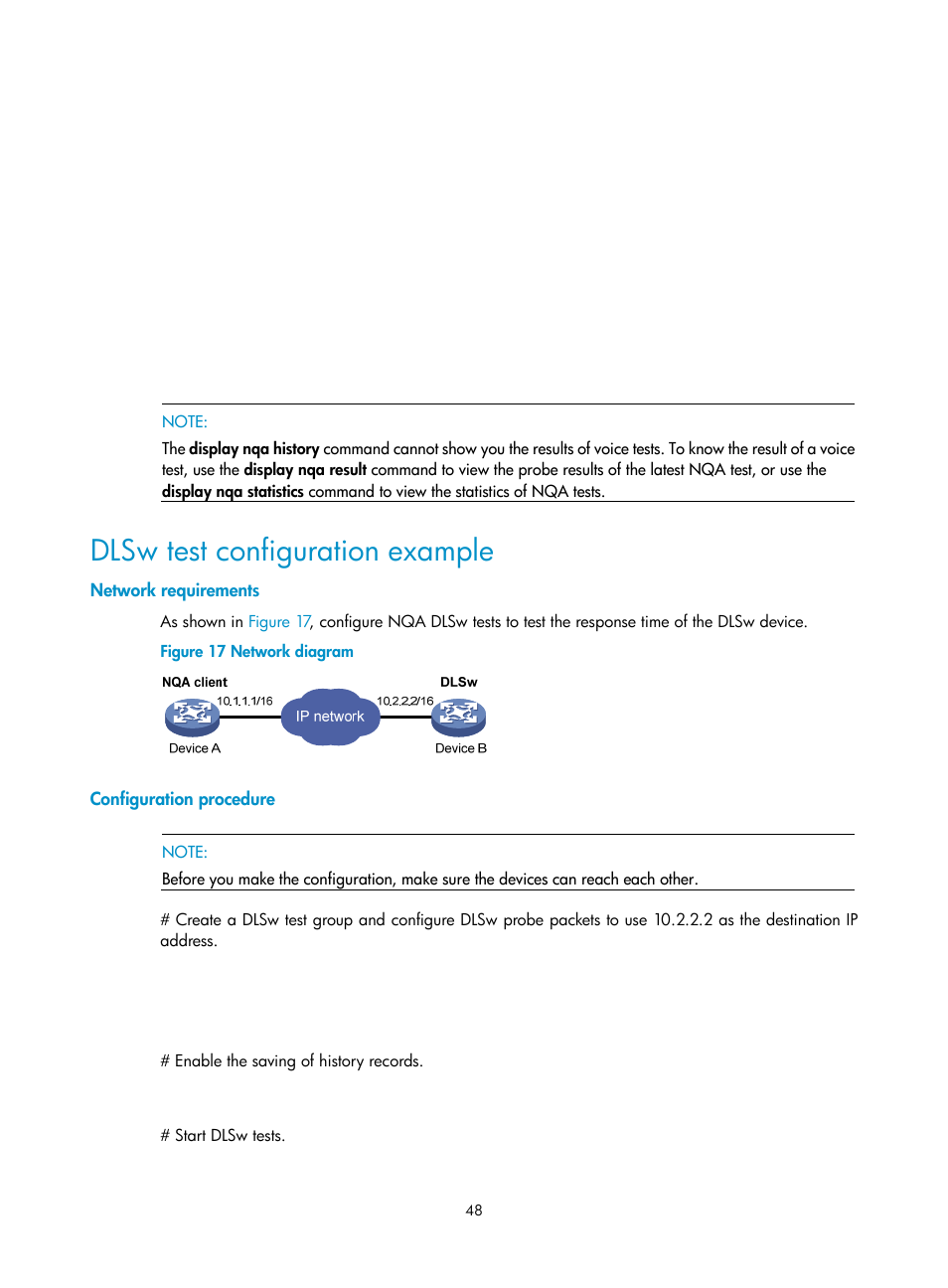 Dlsw test configuration example, Network requirements, Configuration procedure | H3C Technologies H3C SR8800 User Manual | Page 60 / 210