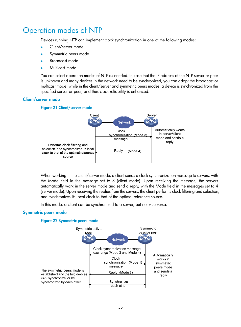 Operation modes of ntp, Client/server mode, Symmetric peers mode | H3C Technologies H3C SR8800 User Manual | Page 67 / 210