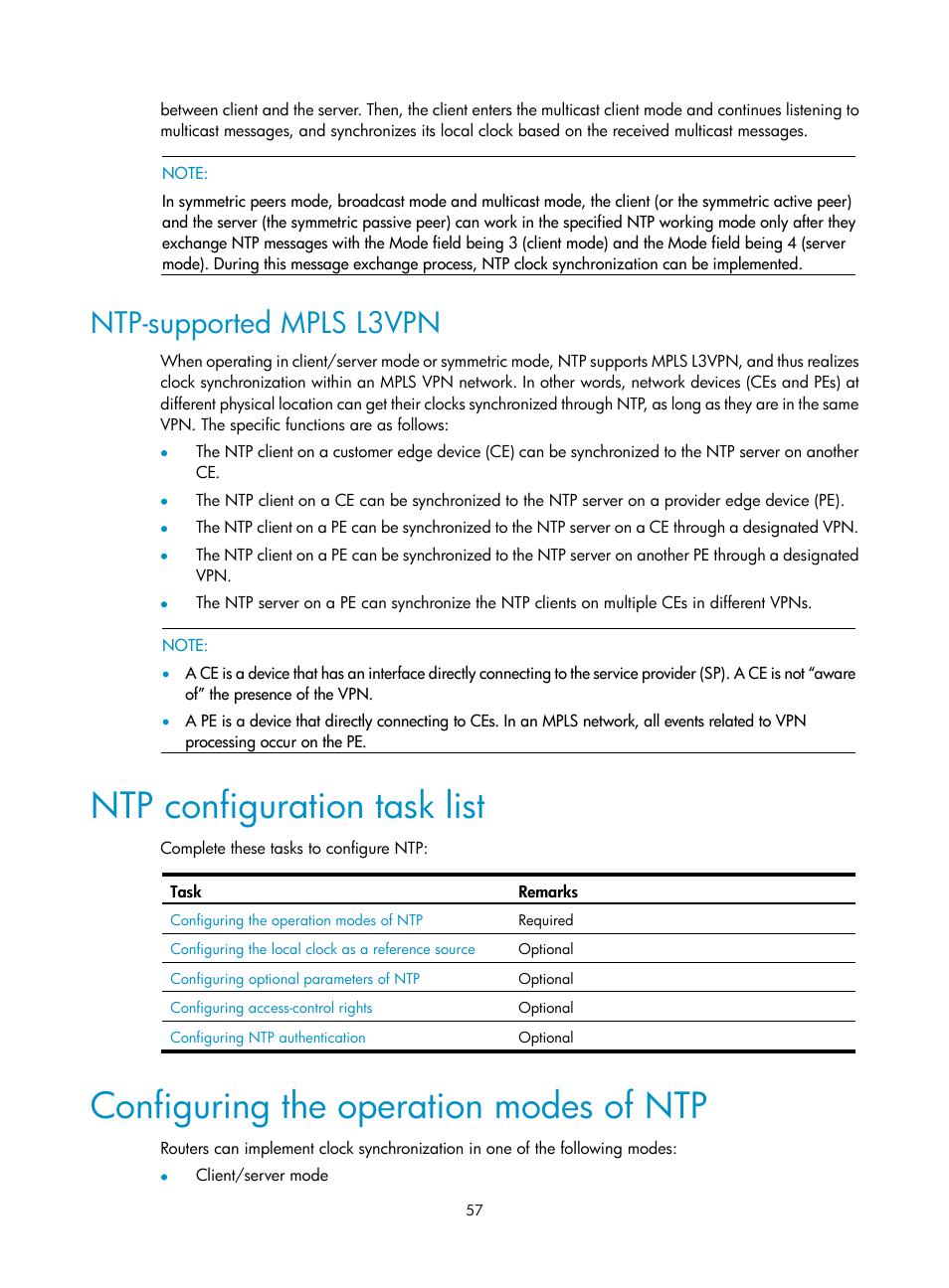 Ntp-supported mpls l3vpn, Ntp configuration task list, Configuring the operation modes of ntp | H3C Technologies H3C SR8800 User Manual | Page 69 / 210