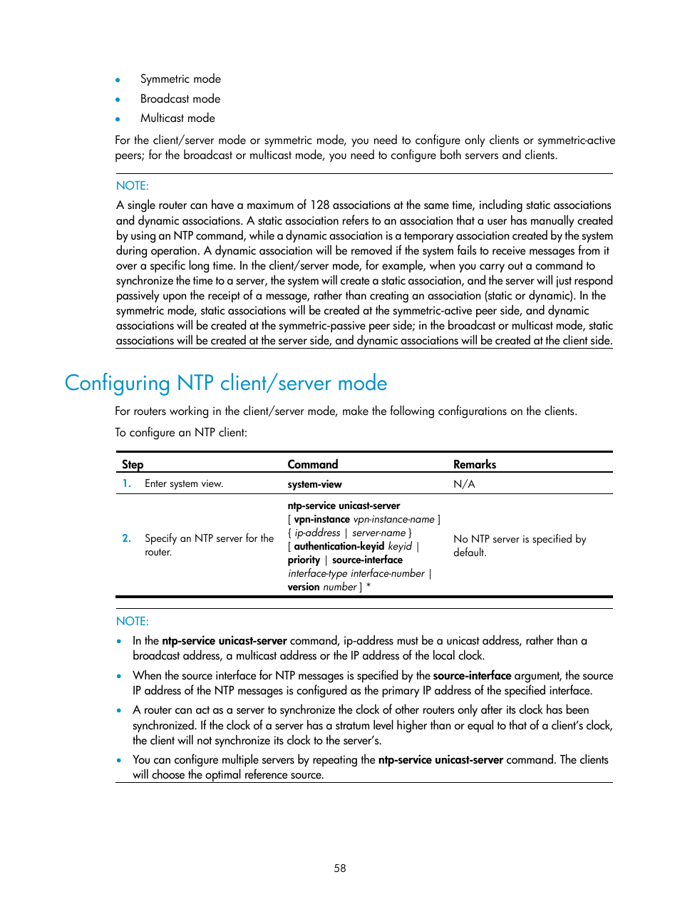 Configuring ntp client/server mode | H3C Technologies H3C SR8800 User Manual | Page 70 / 210