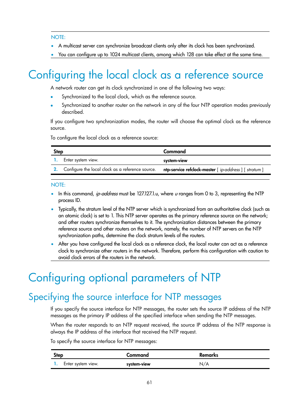 Configuring the local clock as a reference source, Configuring optional parameters of ntp, Specifying the source interface for ntp messages | H3C Technologies H3C SR8800 User Manual | Page 73 / 210