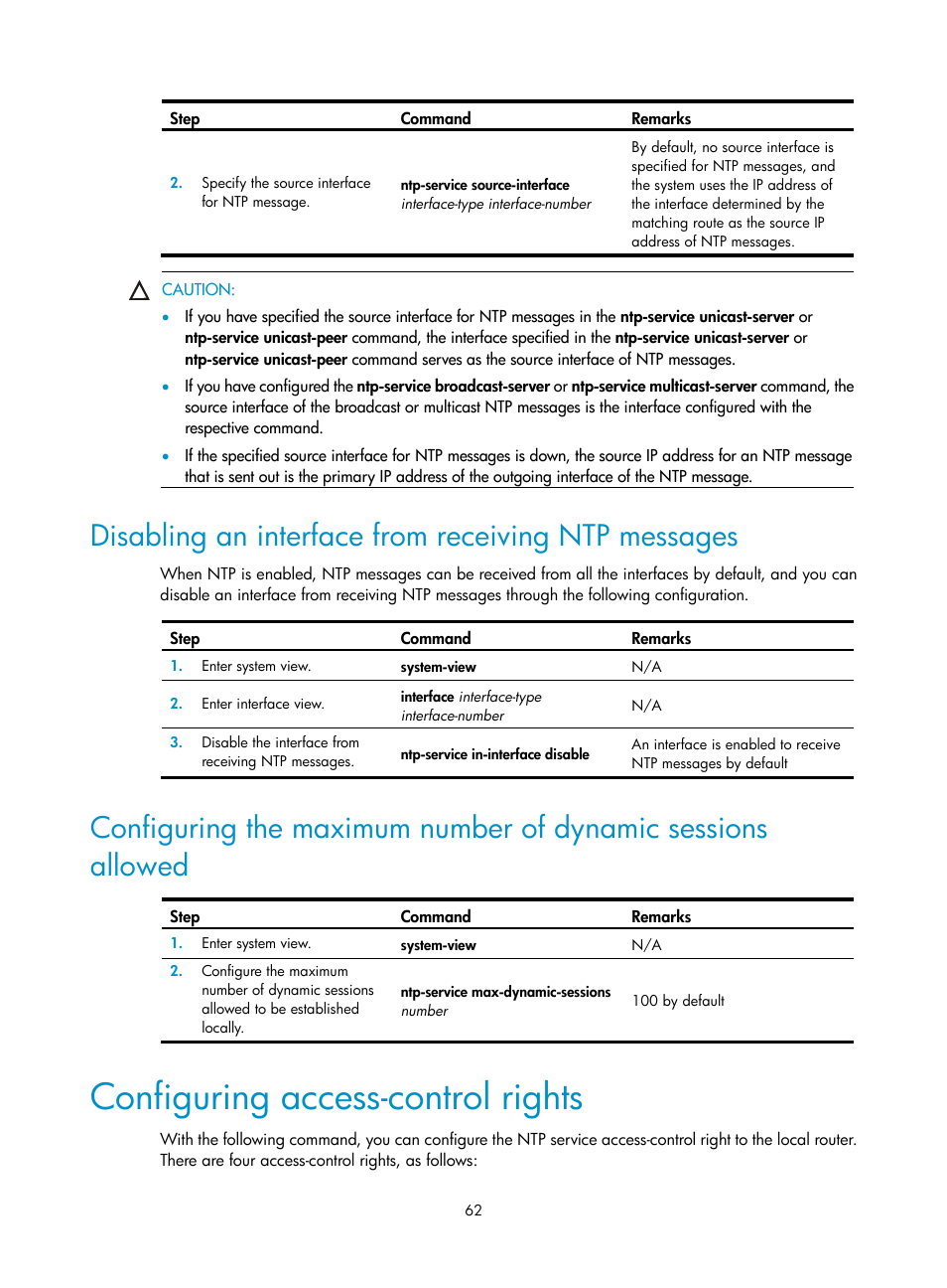 Disabling an interface from receiving ntp messages, Configuring access-control rights | H3C Technologies H3C SR8800 User Manual | Page 74 / 210