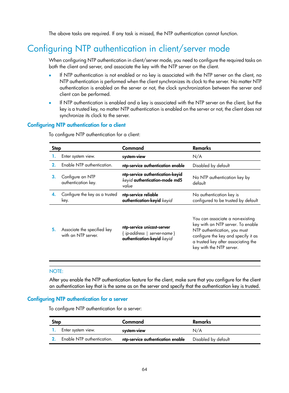 Configuring ntp authentication for a client, Configuring ntp authentication for a server | H3C Technologies H3C SR8800 User Manual | Page 76 / 210