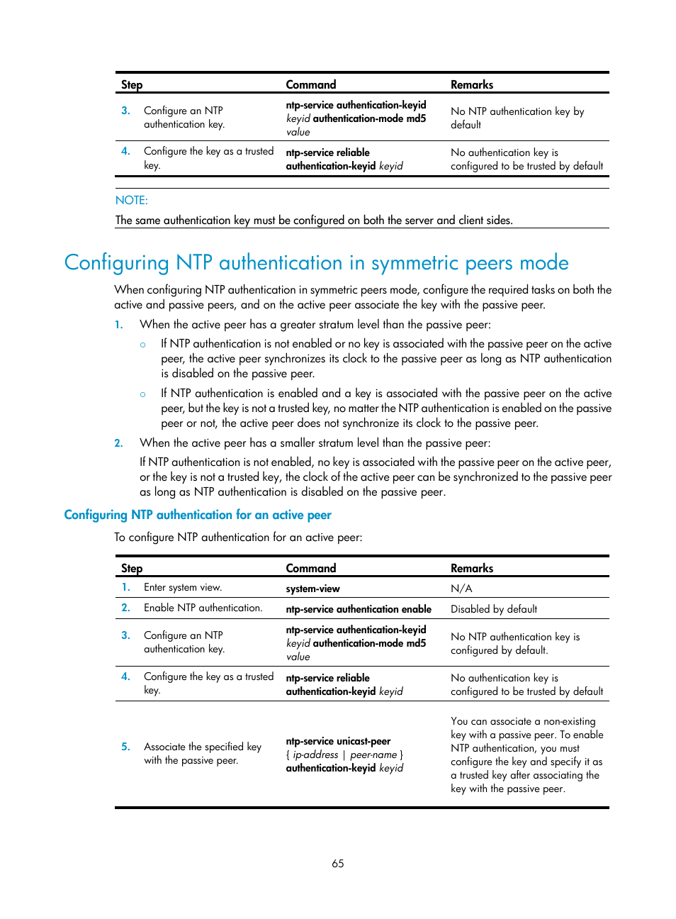 Configuring ntp authentication for an active peer | H3C Technologies H3C SR8800 User Manual | Page 77 / 210