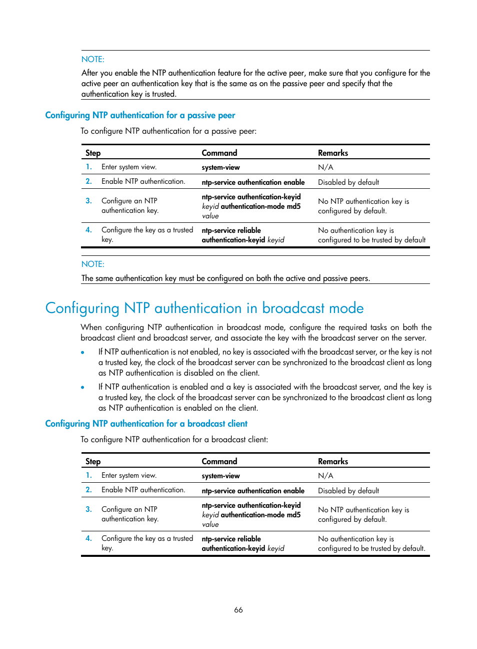 Configuring ntp authentication for a passive peer, Configuring ntp authentication in broadcast mode | H3C Technologies H3C SR8800 User Manual | Page 78 / 210