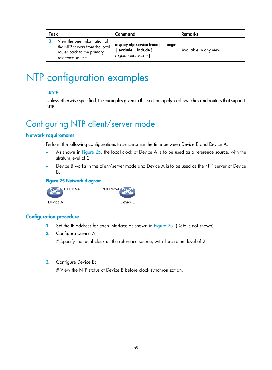 Ntp configuration examples, Configuring ntp client/server mode, Network requirements | Configuration procedure | H3C Technologies H3C SR8800 User Manual | Page 81 / 210