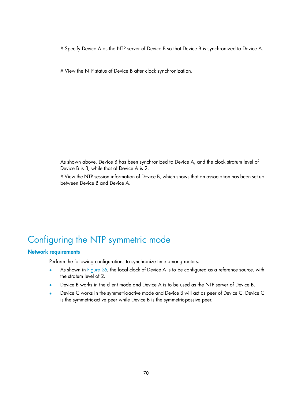 Configuring the ntp symmetric mode, Network requirements | H3C Technologies H3C SR8800 User Manual | Page 82 / 210