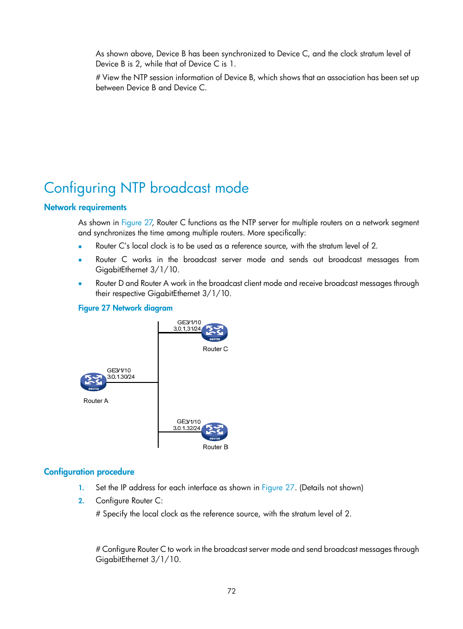 Configuring ntp broadcast mode, Network requirements, Configuration procedure | H3C Technologies H3C SR8800 User Manual | Page 84 / 210