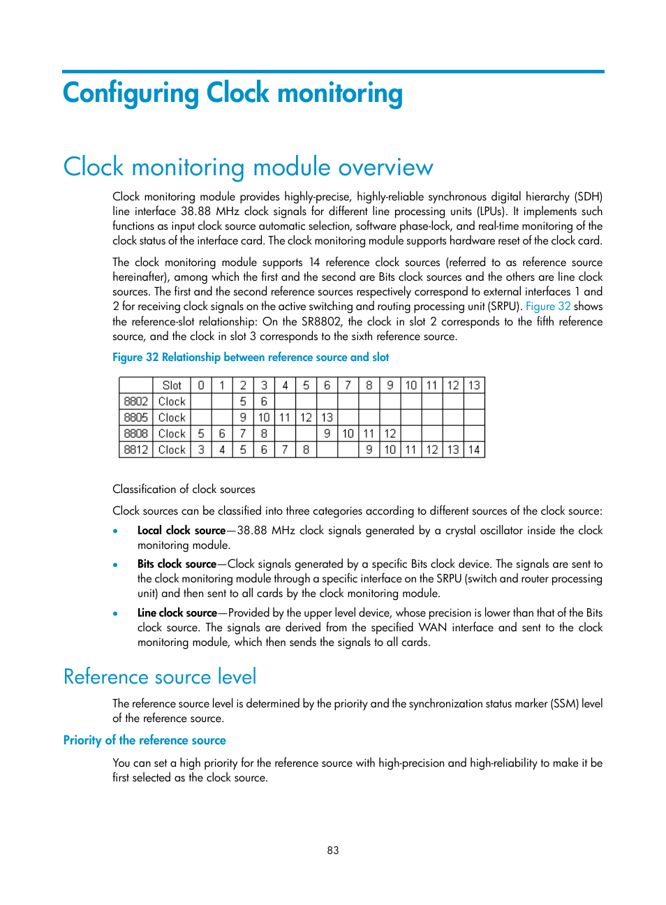 Configuring clock monitoring, Clock monitoring module overview, Reference source level | Priority of the reference source | H3C Technologies H3C SR8800 User Manual | Page 95 / 210