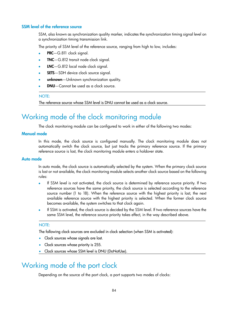 Ssm level of the reference source, Working mode of the clock monitoring module, Manual mode | Auto mode, Working mode of the port clock | H3C Technologies H3C SR8800 User Manual | Page 96 / 210