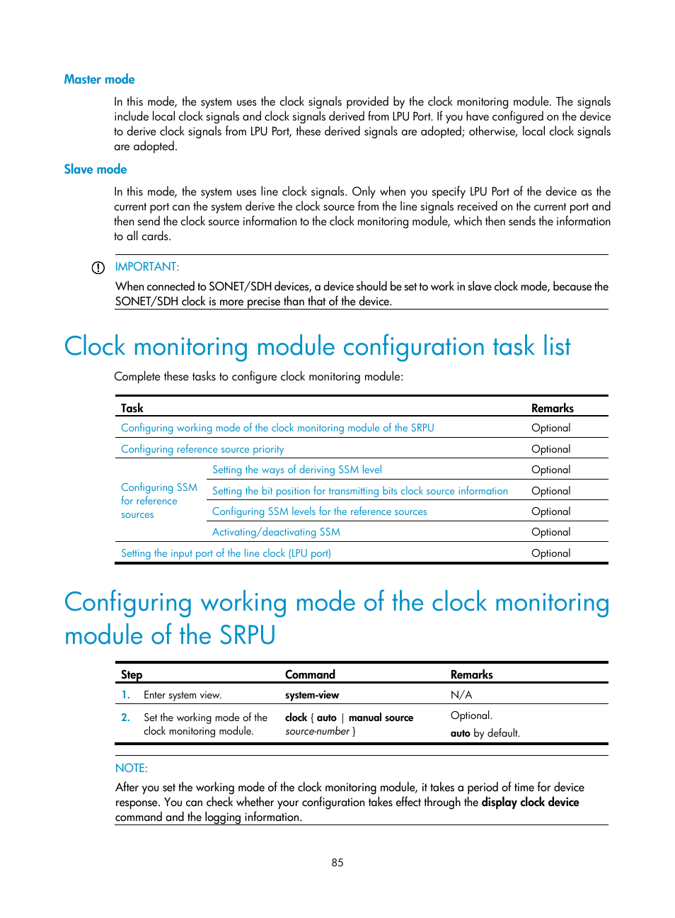 Master mode, Slave mode, Clock monitoring module configuration task list | H3C Technologies H3C SR8800 User Manual | Page 97 / 210