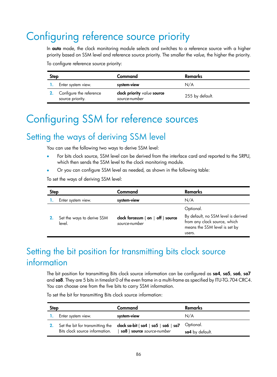 Configuring reference source priority, Configuring ssm for reference sources, Setting the ways of deriving ssm level | H3C Technologies H3C SR8800 User Manual | Page 98 / 210