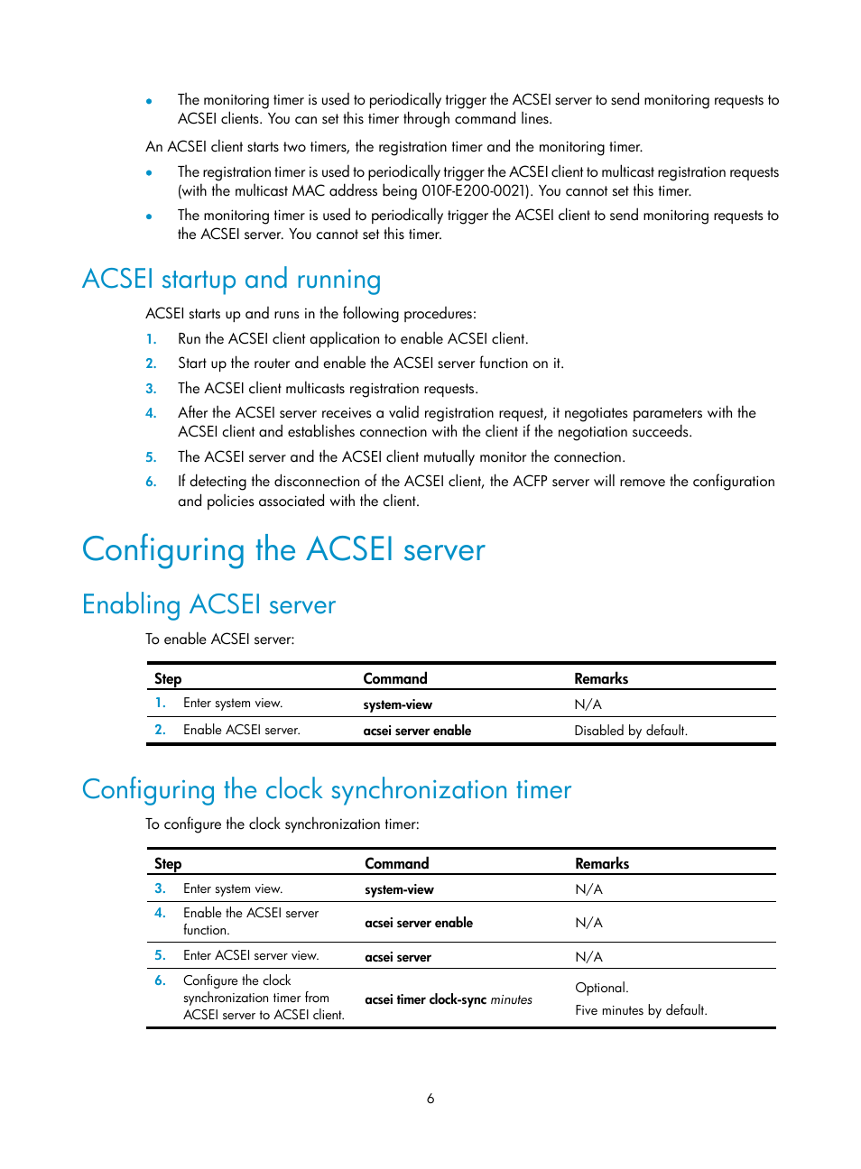 Acsei startup and running, Configuring the acsei server, Enabling acsei server | Configuring the clock synchronization timer | H3C Technologies H3C SR8800 User Manual | Page 12 / 33