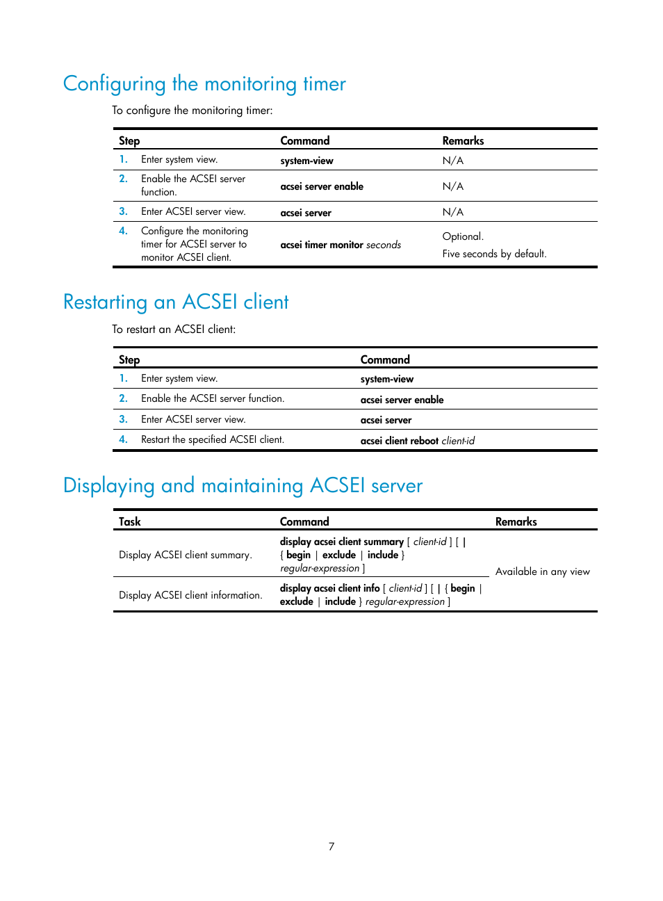 Configuring the monitoring timer, Restarting an acsei client, Displaying and maintaining acsei server | H3C Technologies H3C SR8800 User Manual | Page 13 / 33