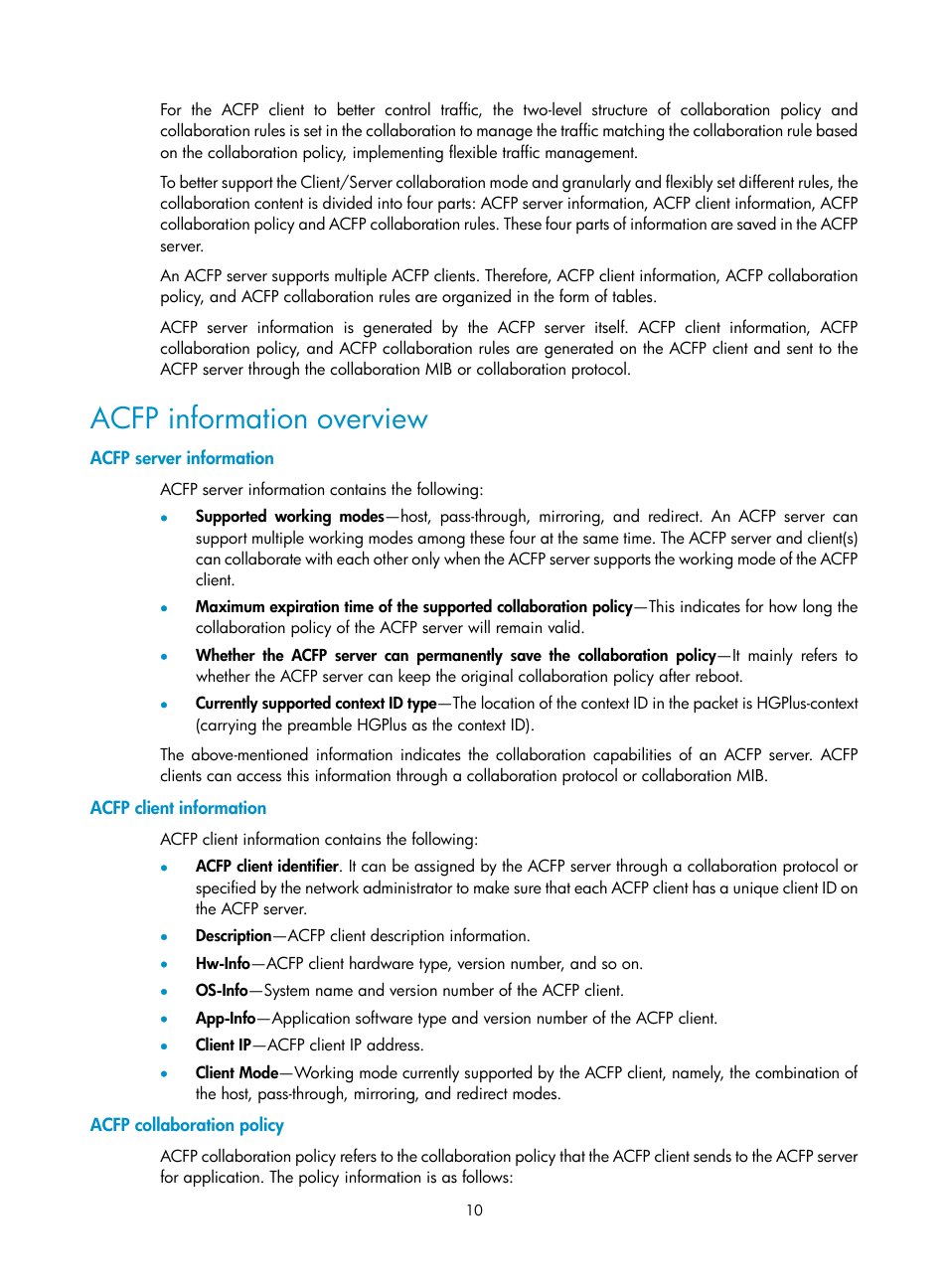 Acfp information overview, Acfp server information, Acfp client information | Acfp collaboration policy | H3C Technologies H3C SR8800 User Manual | Page 16 / 33