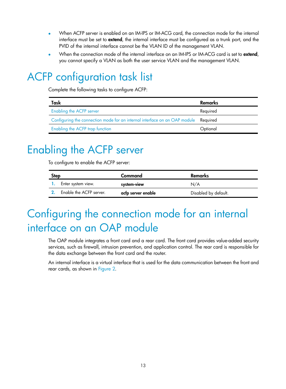 Acfp configuration task list, Enabling the acfp server | H3C Technologies H3C SR8800 User Manual | Page 19 / 33