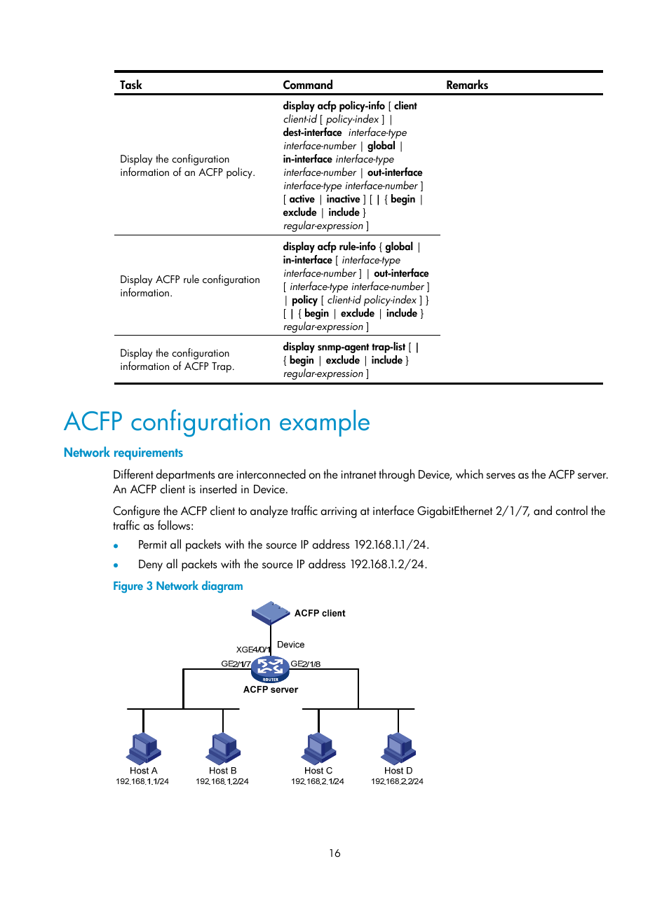 Acfp configuration example, Network requirements | H3C Technologies H3C SR8800 User Manual | Page 22 / 33