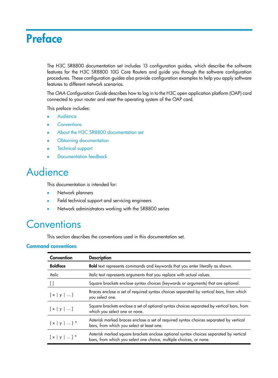 Preface, Audience, Conventions | Command conventions | H3C Technologies H3C SR8800 User Manual | Page 3 / 33