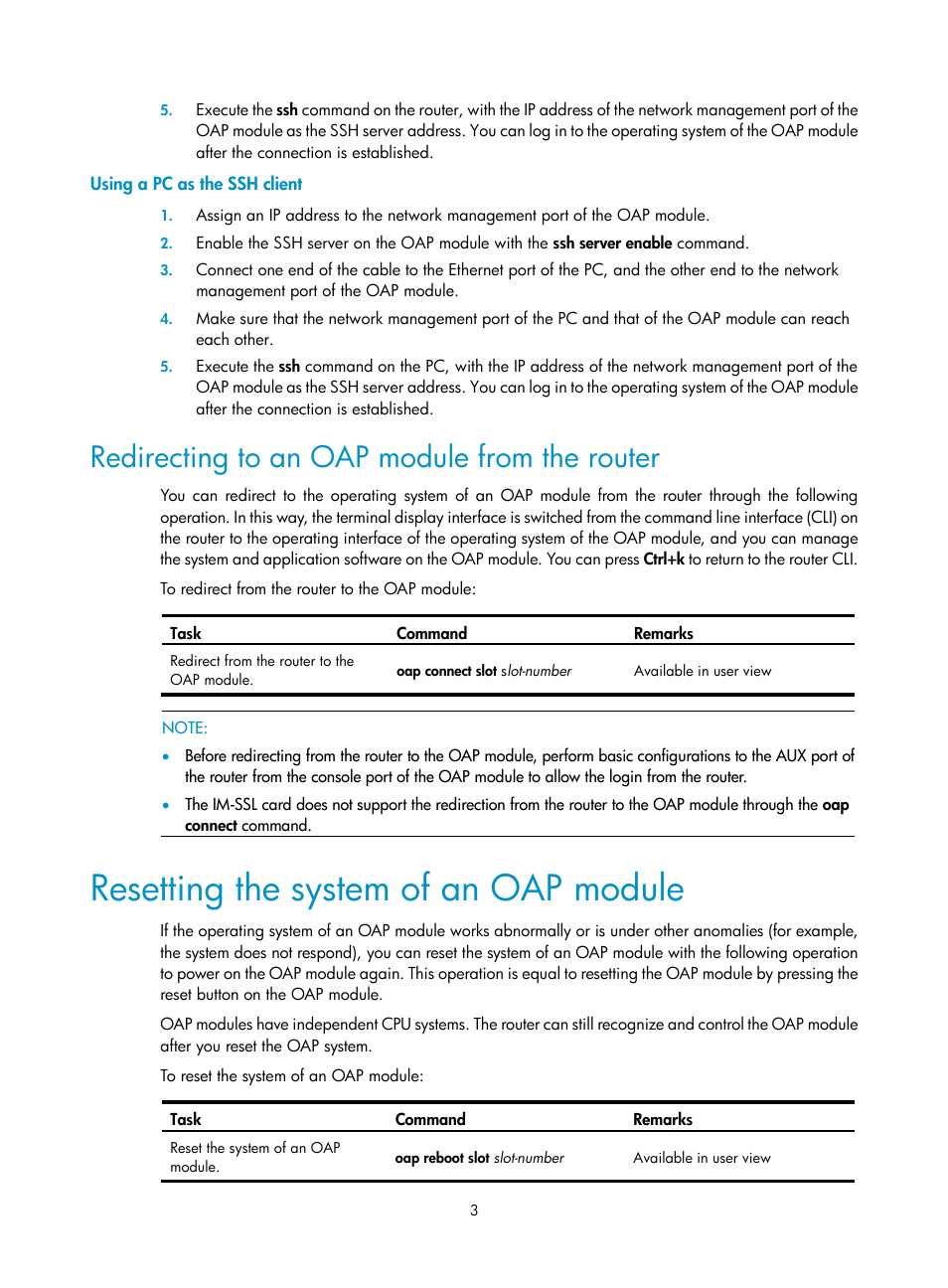 Using a pc as the ssh client, Redirecting to an oap module from the router, Resetting the system of an oap module | H3C Technologies H3C SR8800 User Manual | Page 9 / 33