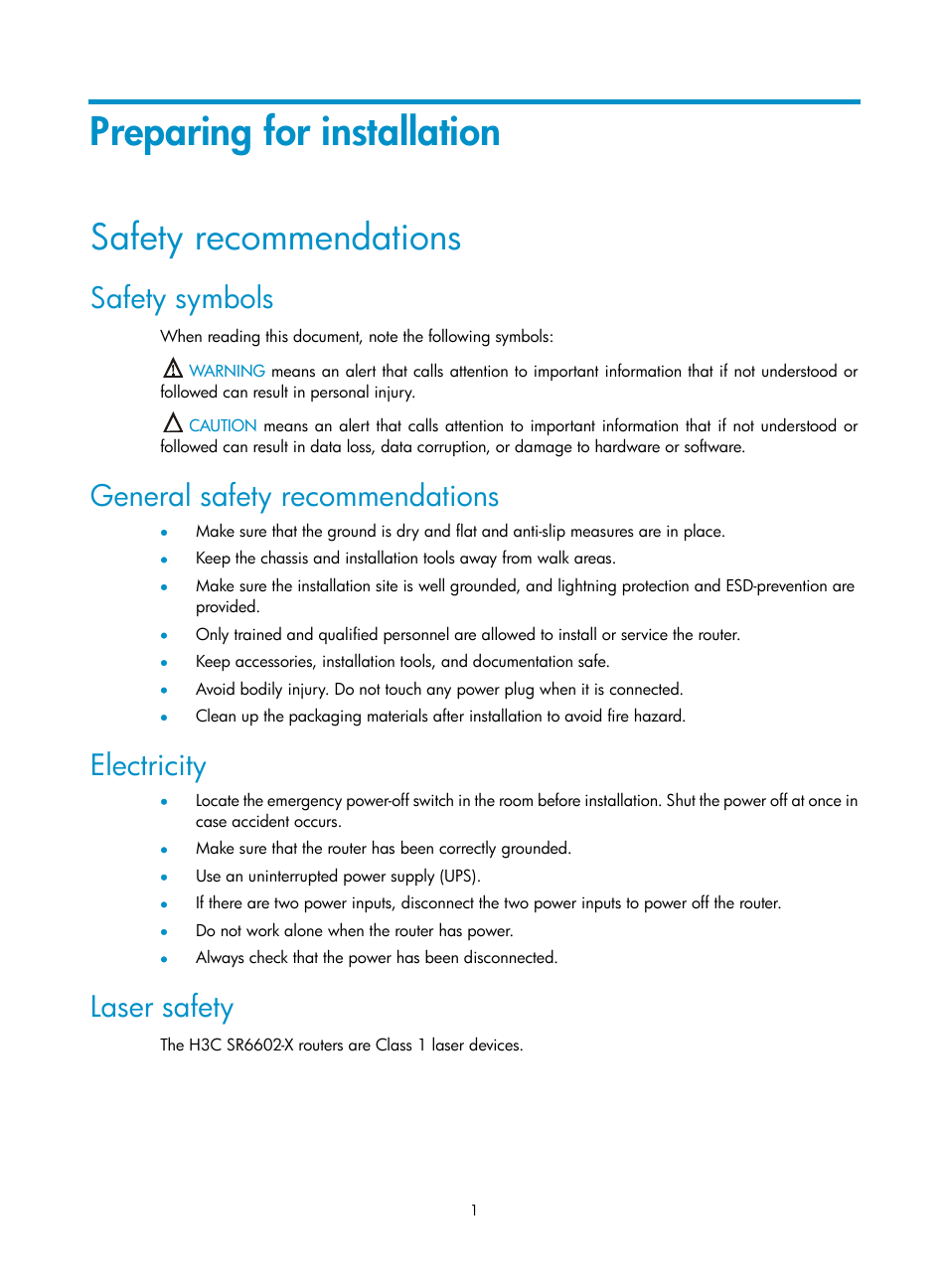 Preparing for installation, Safety recommendations, Safety symbols | General safety recommendations, Electricity, Laser safety | H3C Technologies H3C SR6600-X User Manual | Page 11 / 106