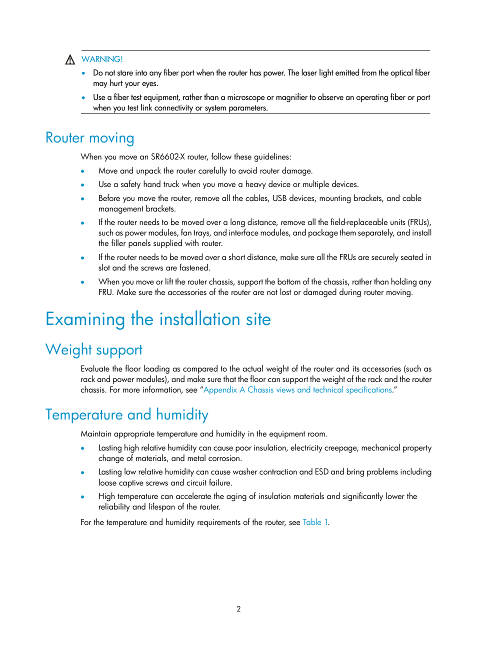 Router moving, Examining the installation site, Weight support | Temperature and humidity | H3C Technologies H3C SR6600-X User Manual | Page 12 / 106