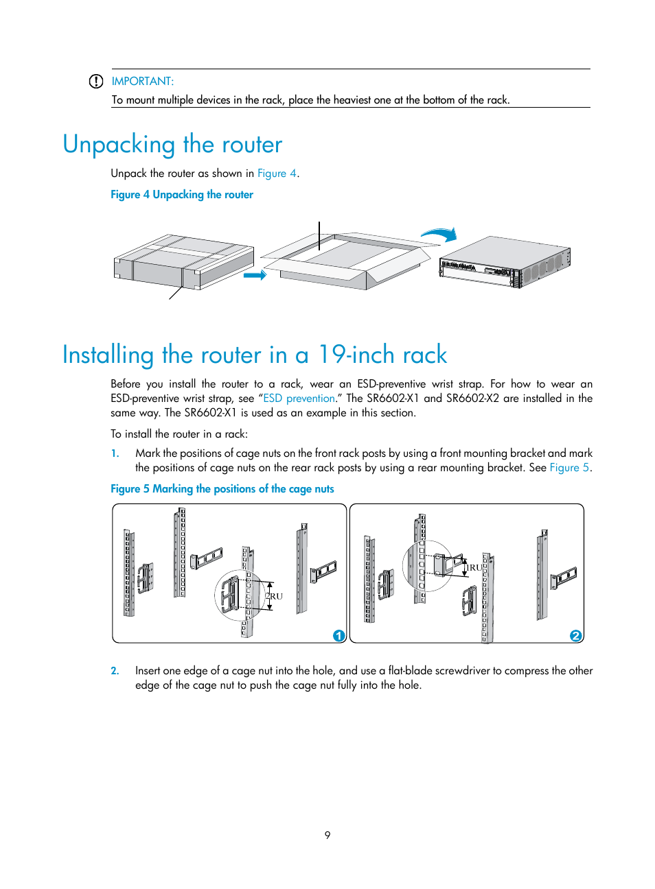 Unpacking the router, Installing the router in a 19-inch rack | H3C Technologies H3C SR6600-X User Manual | Page 19 / 106