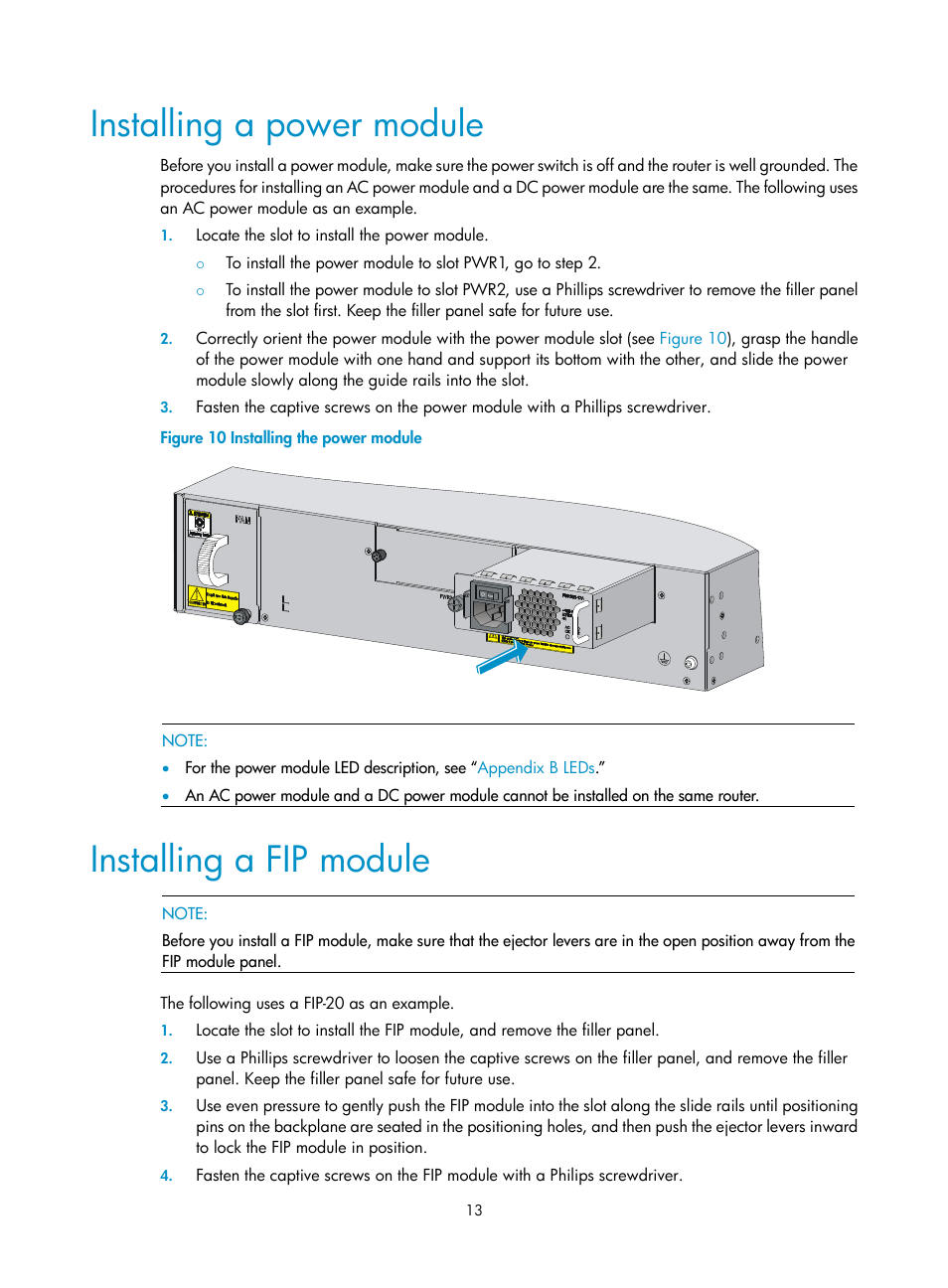 Installing a power module, Installing a fip module | H3C Technologies H3C SR6600-X User Manual | Page 23 / 106