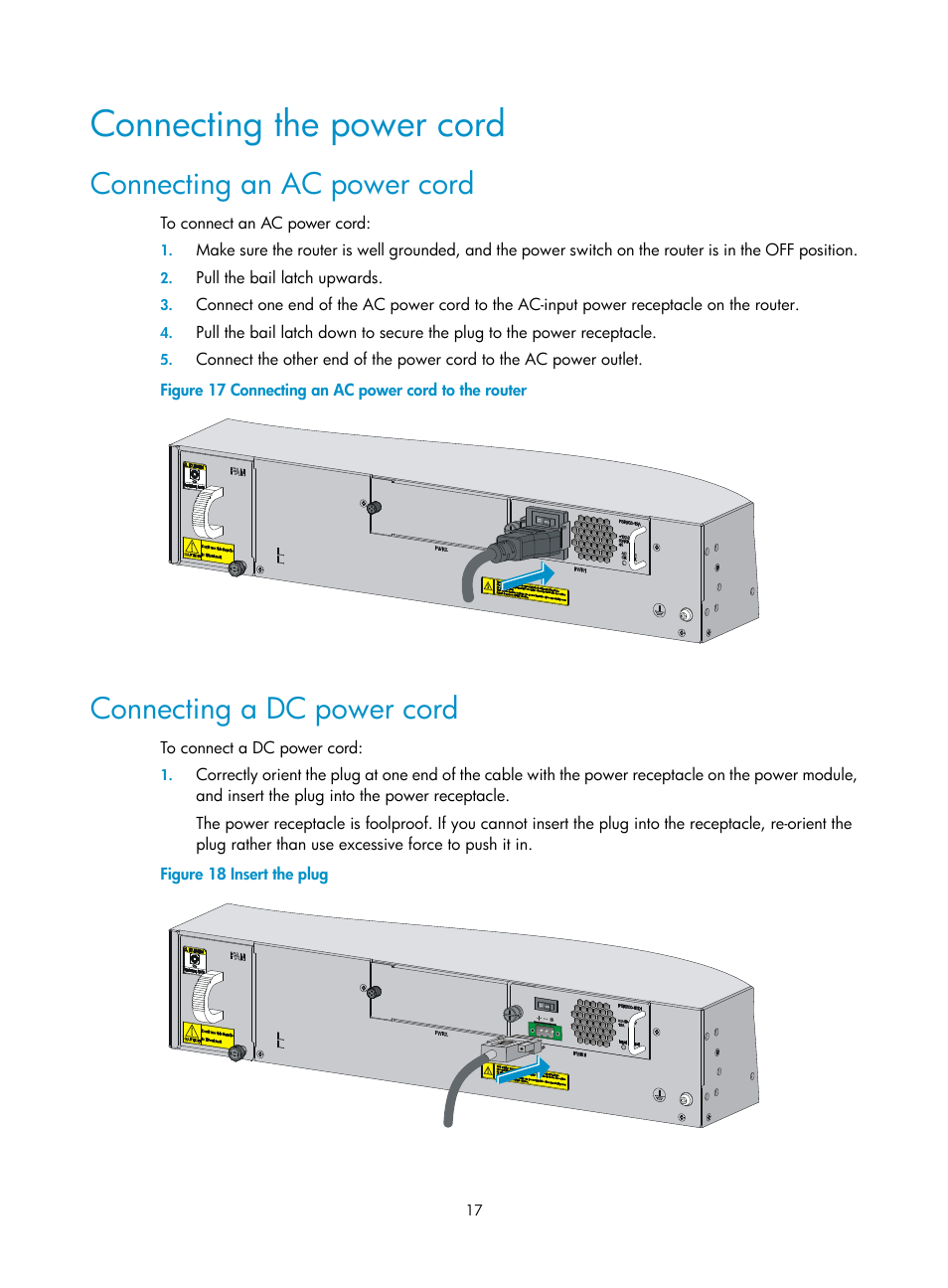 Connecting the power cord, Connecting an ac power cord, Connecting a dc power cord | H3C Technologies H3C SR6600-X User Manual | Page 27 / 106