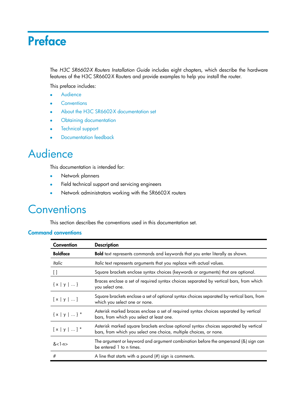 Preface, Audience, Conventions | Command conventions | H3C Technologies H3C SR6600-X User Manual | Page 3 / 106