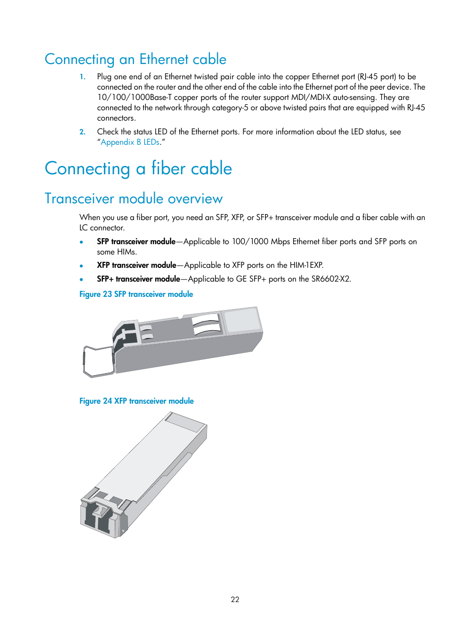 Connecting an ethernet cable, Connecting a fiber cable, Transceiver module overview | H3C Technologies H3C SR6600-X User Manual | Page 32 / 106