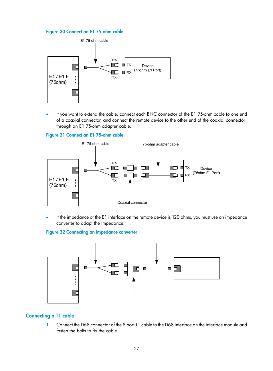 Connecting a t1 cable | H3C Technologies H3C SR6600-X User Manual | Page 37 / 106
