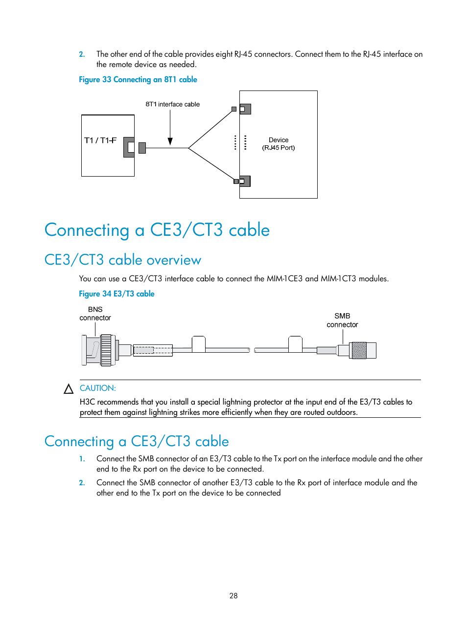 Connecting a ce3/ct3 cable, Ce3/ct3 cable overview | H3C Technologies H3C SR6600-X User Manual | Page 38 / 106