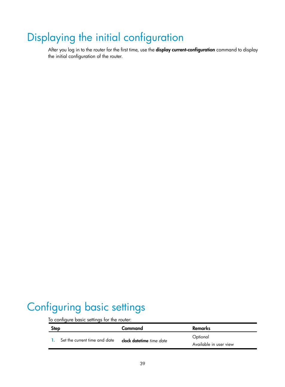 Displaying the initial configuration, Configuring basic settings | H3C Technologies H3C SR6600-X User Manual | Page 49 / 106