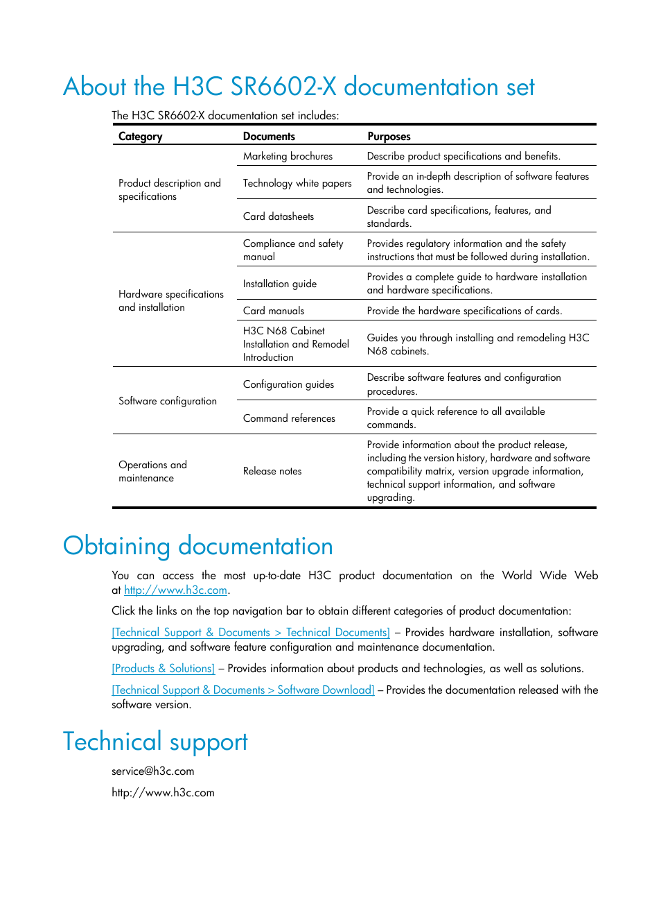 About the h3c sr6602-x documentation set, Obtaining documentation, Technical support | H3C Technologies H3C SR6600-X User Manual | Page 5 / 106