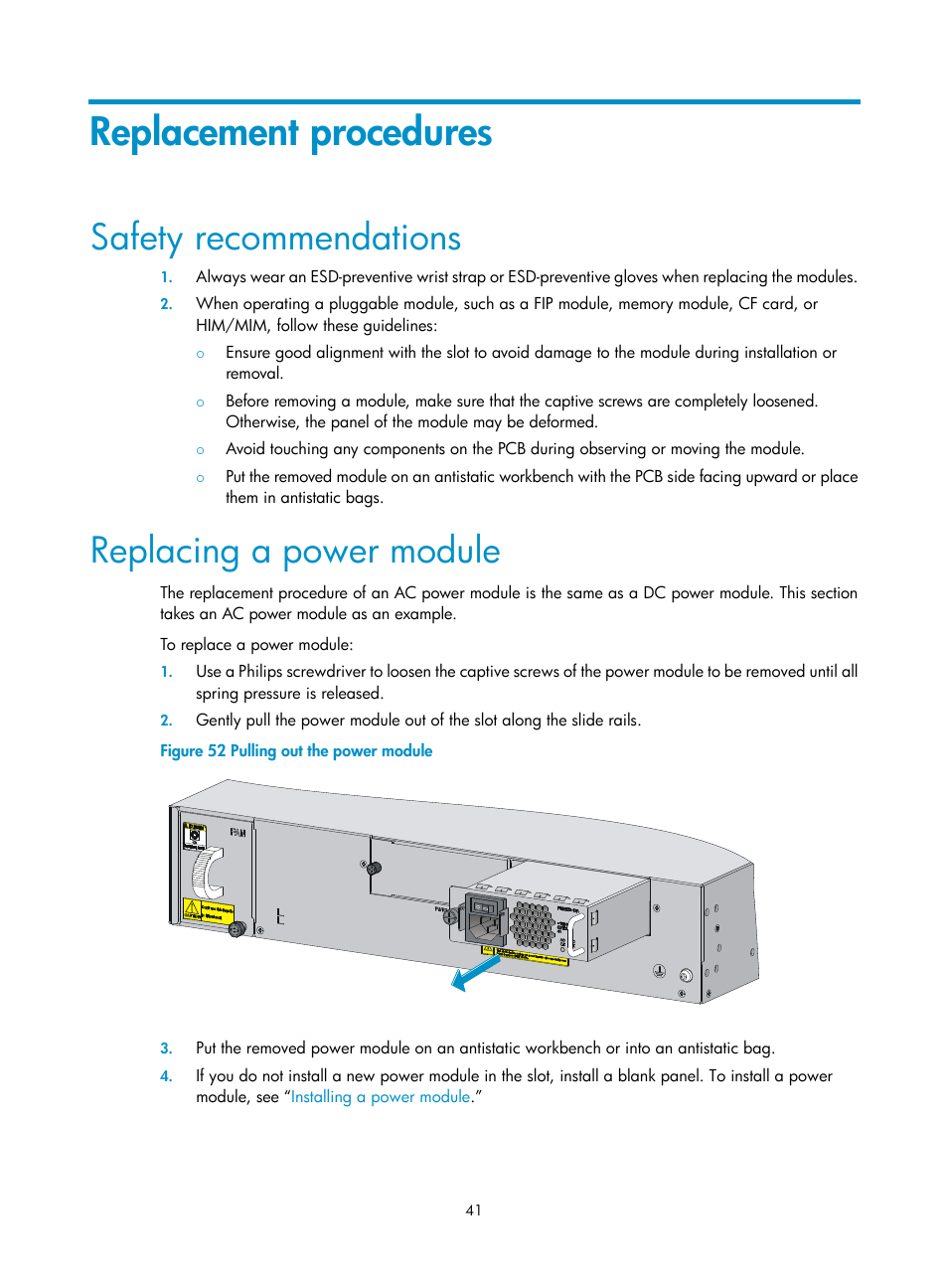 Replacement procedures, Safety recommendations, Replacing a power module | H3C Technologies H3C SR6600-X User Manual | Page 51 / 106