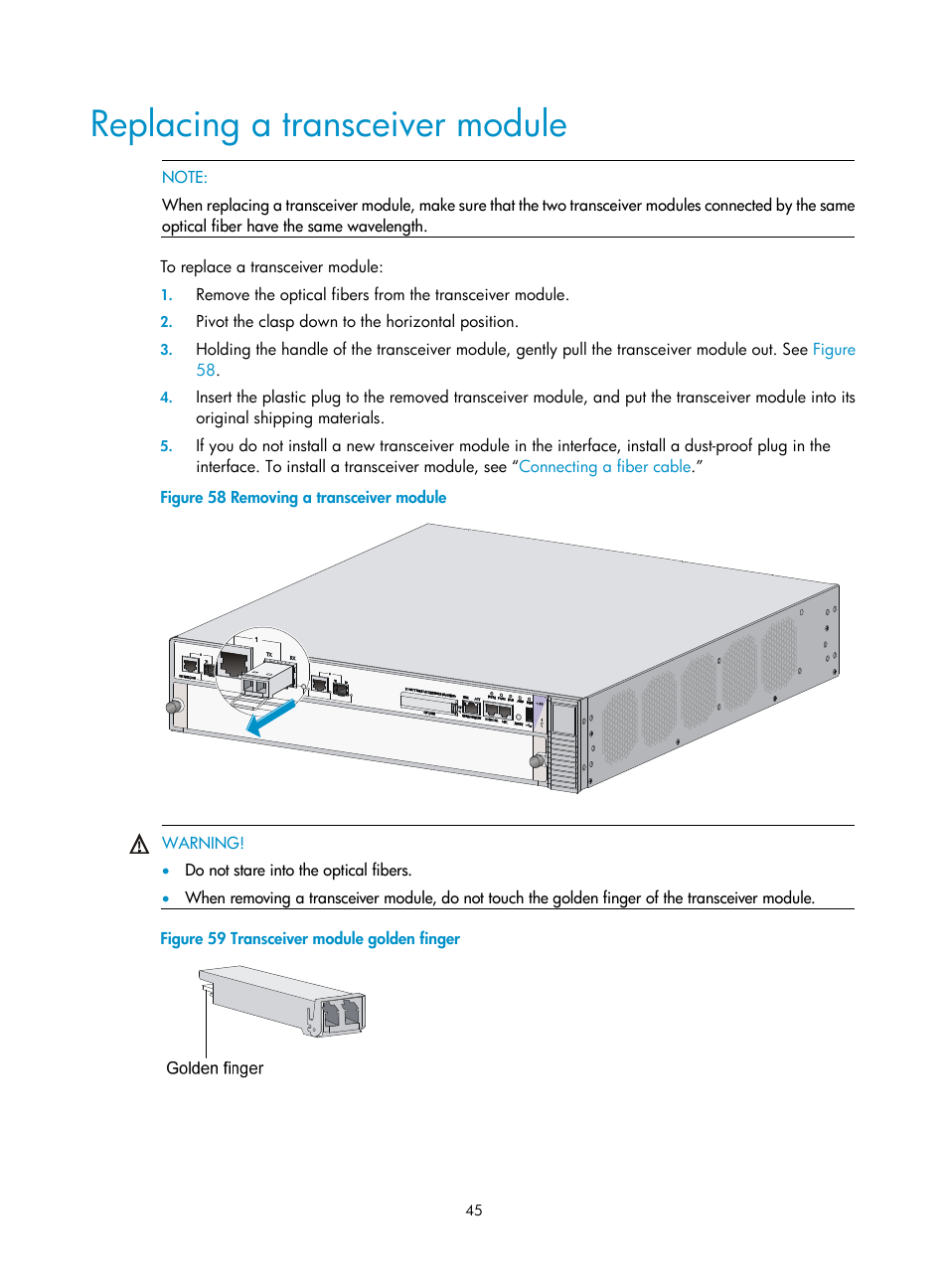 Replacing a transceiver module | H3C Technologies H3C SR6600-X User Manual | Page 55 / 106