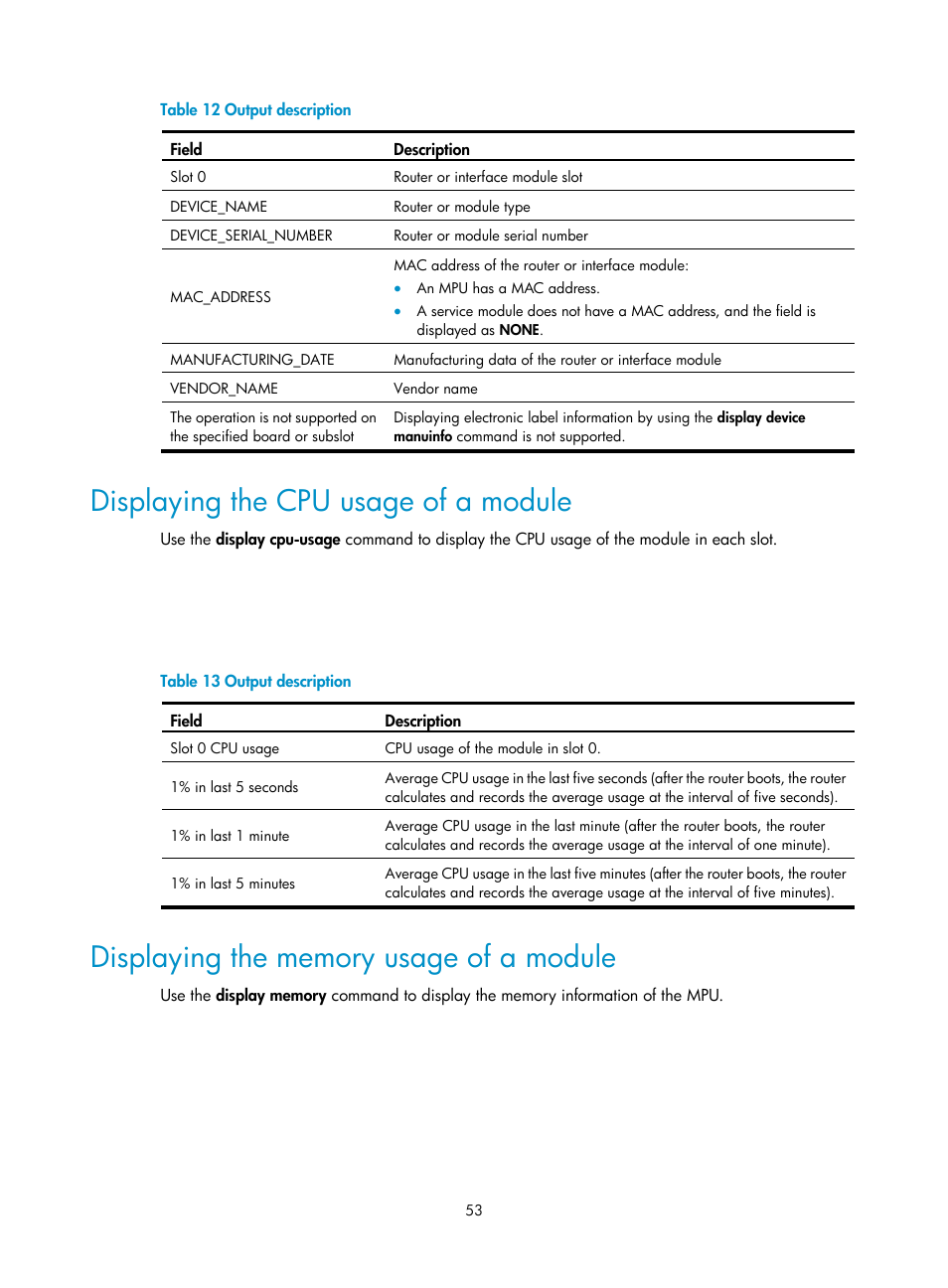Displaying the cpu usage of a module, Displaying the memory usage of a module | H3C Technologies H3C SR6600-X User Manual | Page 63 / 106