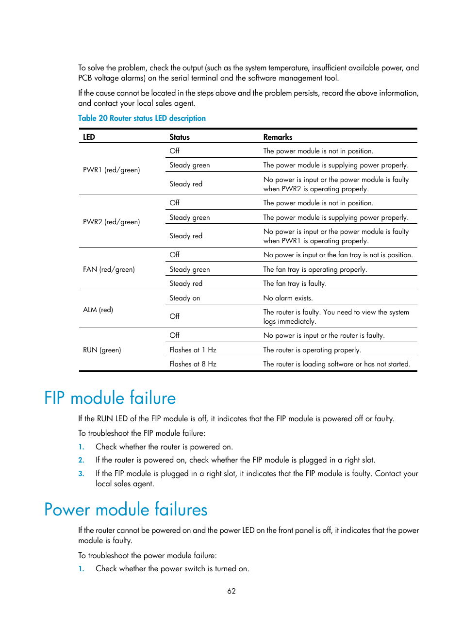 Fip module failure, Power module failures | H3C Technologies H3C SR6600-X User Manual | Page 72 / 106