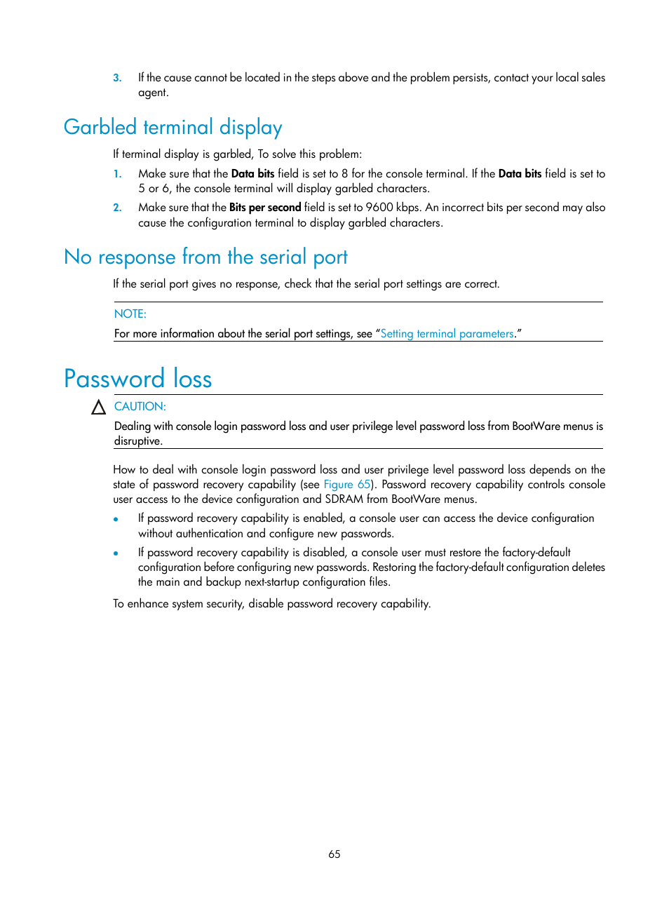 Garbled terminal display, No response from the serial port, Password loss | H3C Technologies H3C SR6600-X User Manual | Page 75 / 106