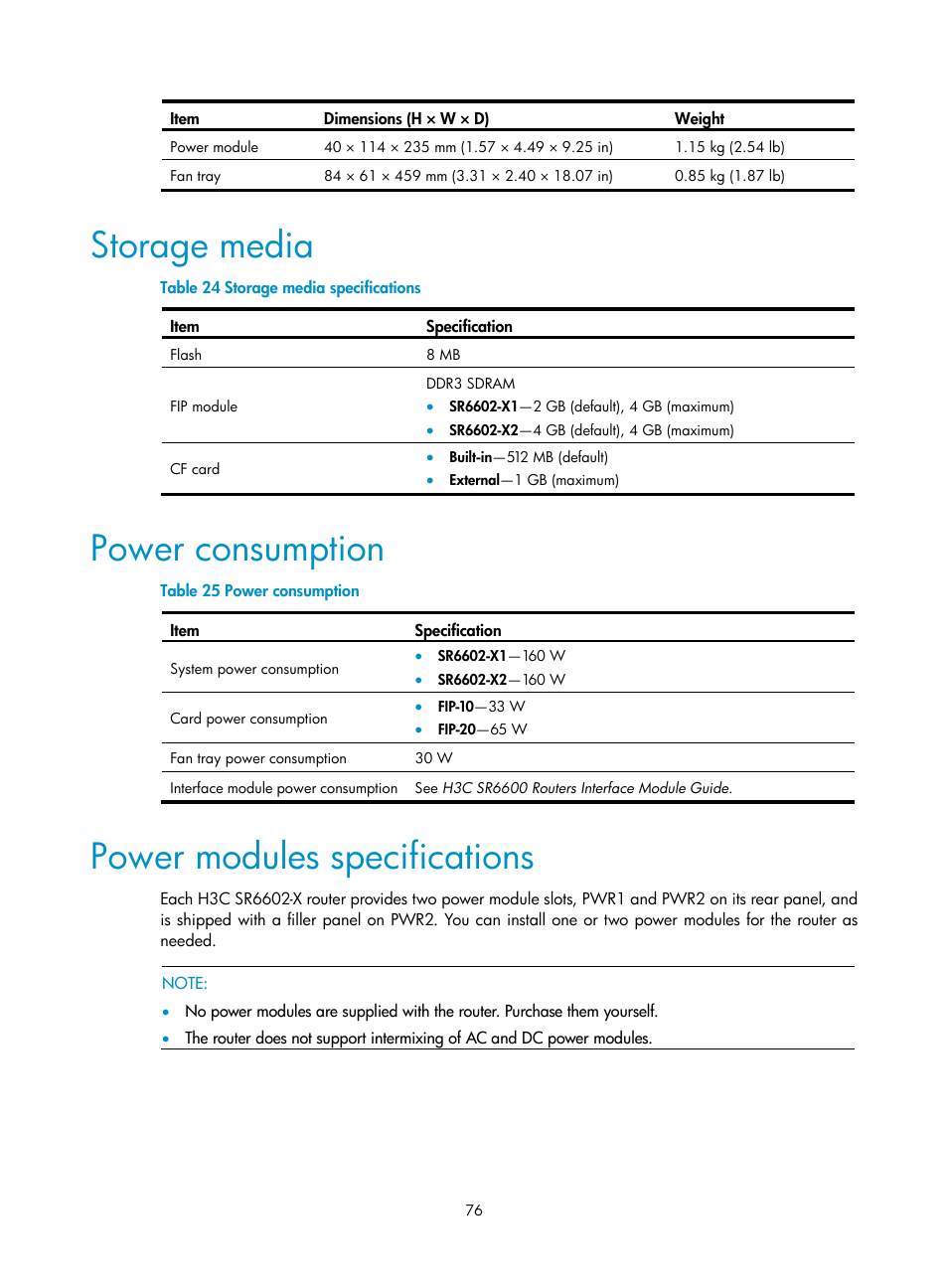 Storage media, Power consumption, Power modules specifications | H3C Technologies H3C SR6600-X User Manual | Page 86 / 106