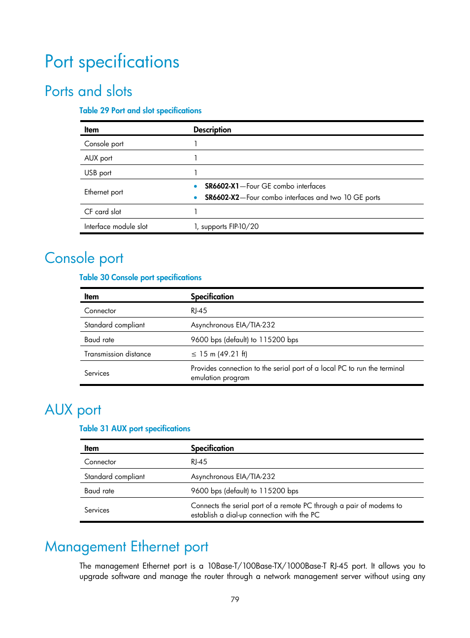 Port specifications, Ports and slots, Console port | Aux port, Management ethernet port | H3C Technologies H3C SR6600-X User Manual | Page 89 / 106