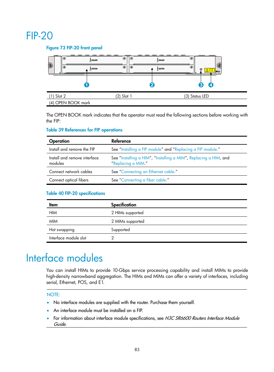 Fip-20, Interface modules | H3C Technologies H3C SR6600-X User Manual | Page 93 / 106