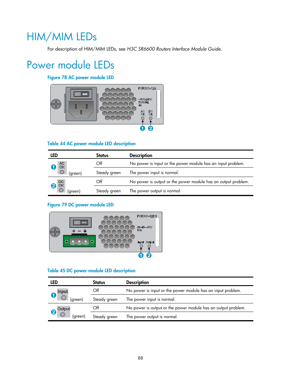 Him/mim leds, Power module leds | H3C Technologies H3C SR6600-X User Manual | Page 98 / 106