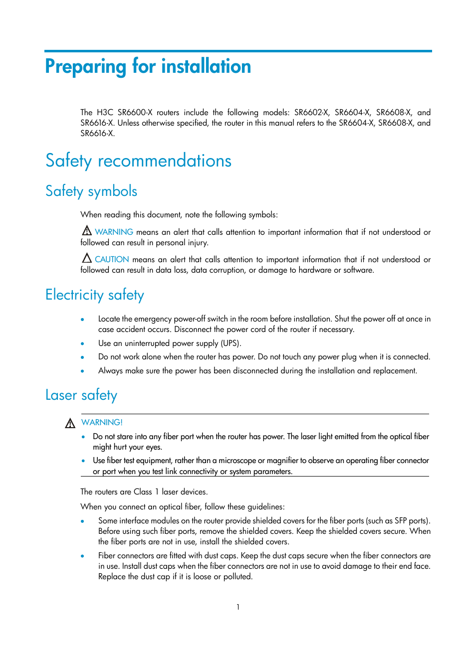 Preparing for installation, Safety recommendations, Safety symbols | Electricity safety, Laser safety | H3C Technologies H3C SR6600-X User Manual | Page 11 / 150