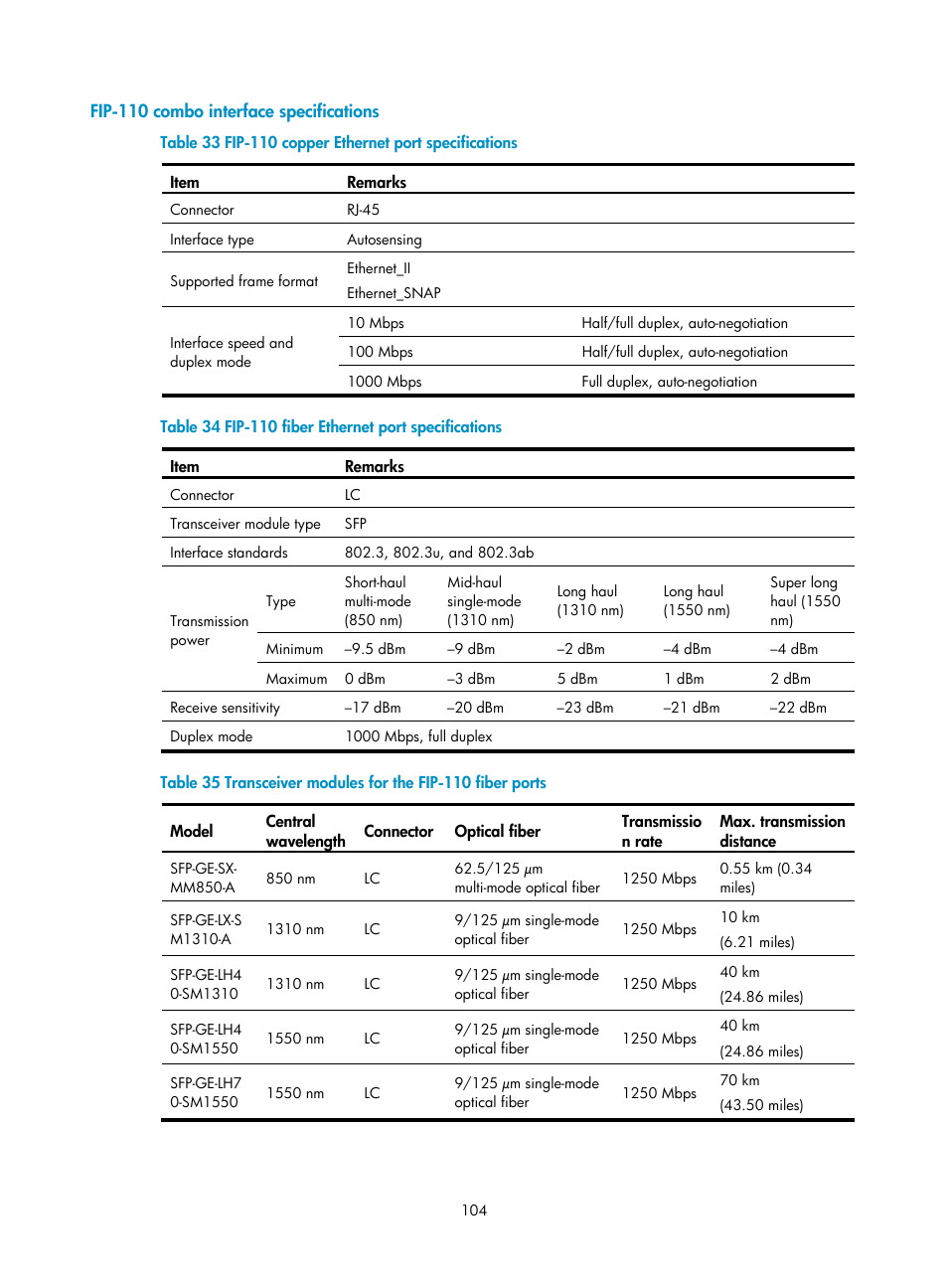 Fip-110 combo interface specifications | H3C Technologies H3C SR6600-X User Manual | Page 114 / 150